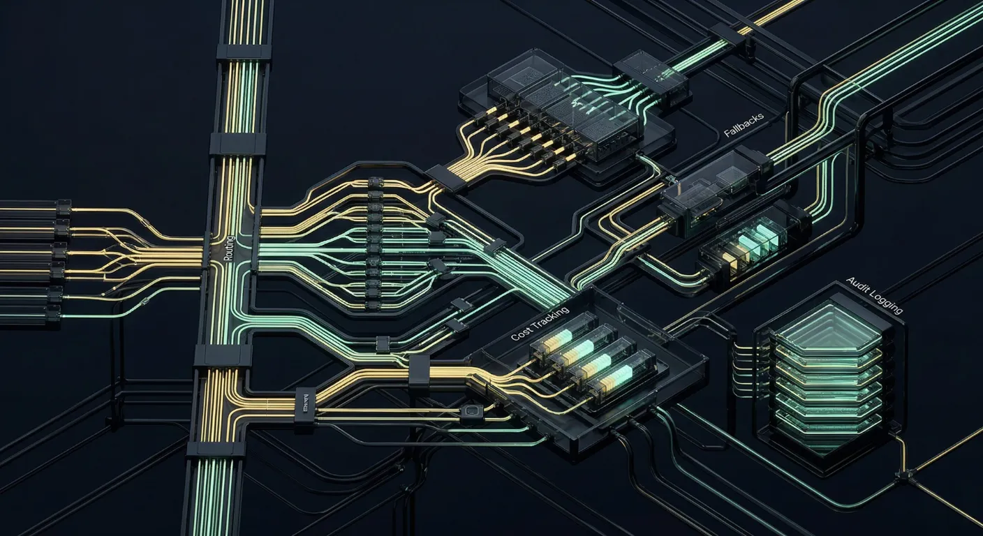 Diagram showing an LLM gateway sitting between application services and multiple model providers with routing, logging, and rate limiting