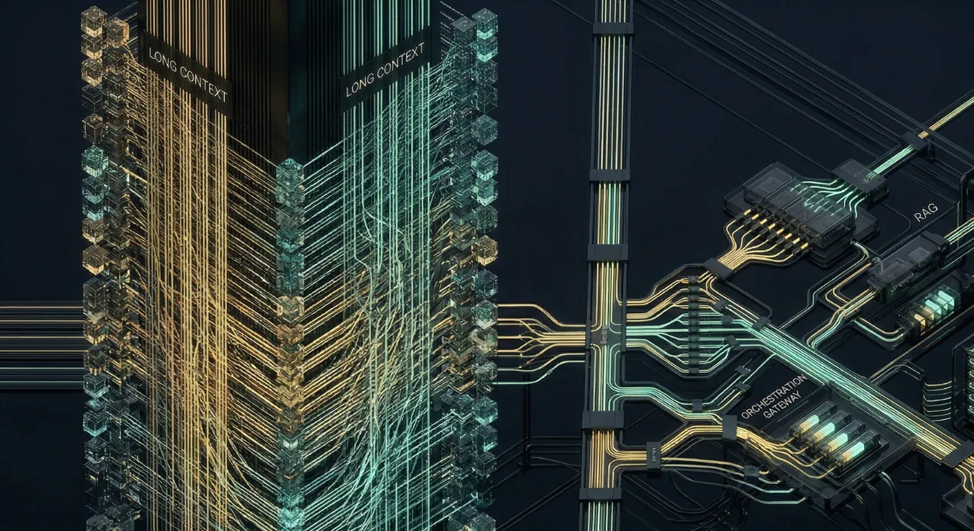 Comparison diagram showing a RAG pipeline versus a long-context single-shot approach with tradeoffs highlighted